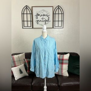 J Jill Love Linen Blue Striped Long Sleeve Button‎ Down Tunic Shirt Size 1X